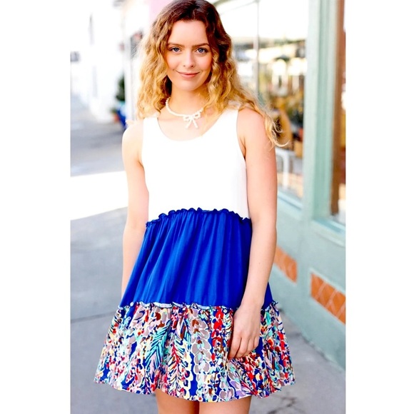 Beeson River Dress Ivory Color Block Royal Blue Floral Accent Sleeveless (S-XL) - Picture 1 of 12